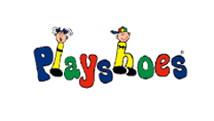 Colorful 'Playshoes' logo with cartoon characters on a white background
