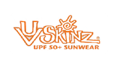 Vskinz sunwear logo with orange text on a white background