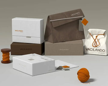 Collection of Vacilando branded packaging including boxes, a bag, and a spool on a gray background.