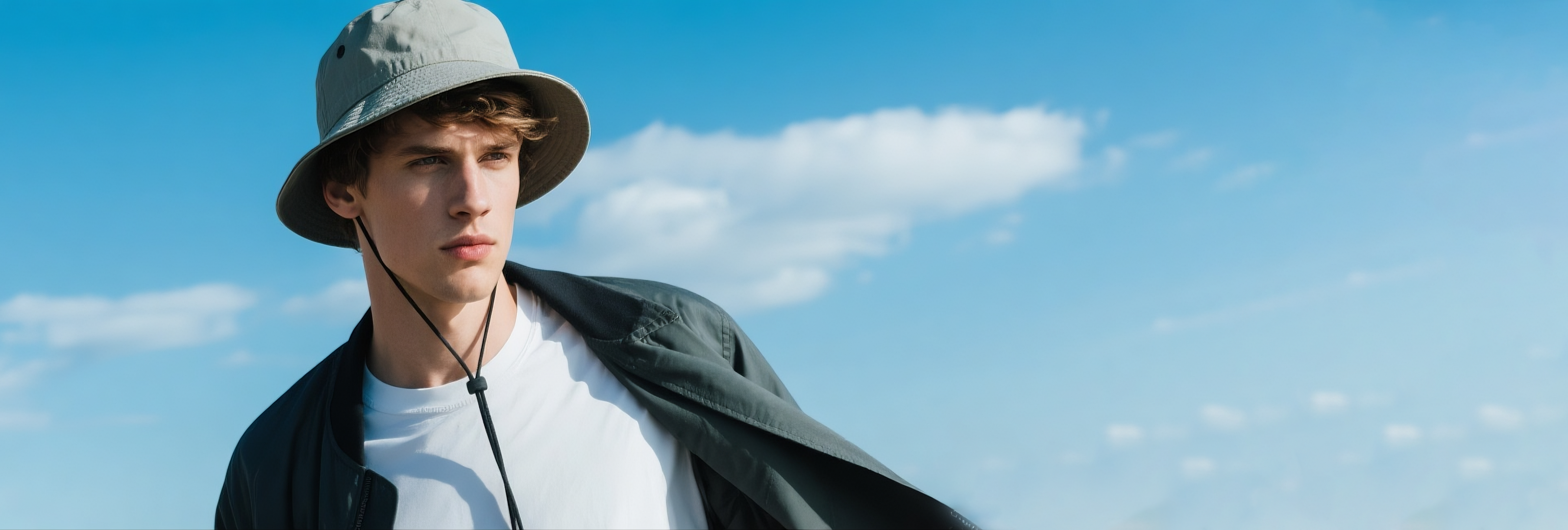 Person wearing a hat and coat against a blue sky with clouds - athleticedgefashion