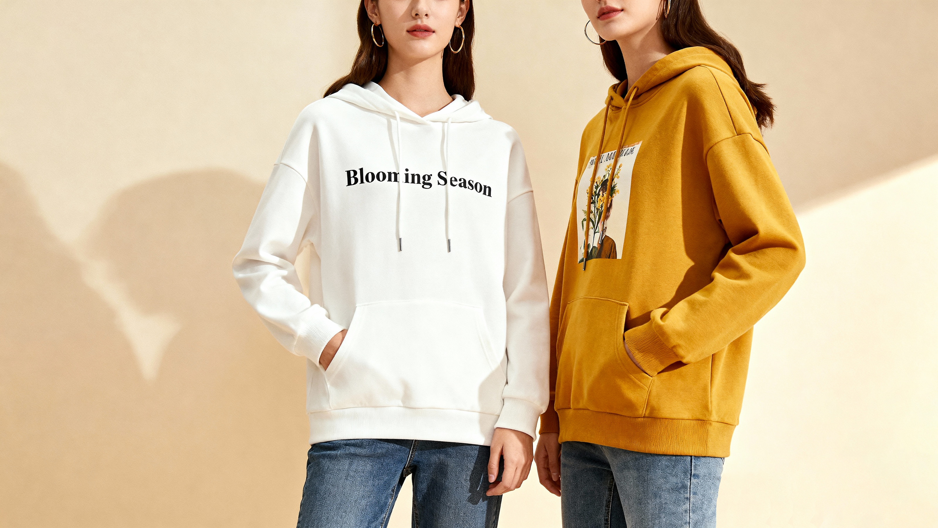 Two people wearing hoodies with text and graphics on a beige background